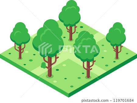 Lush green trees growing in a vibrant isometric park or garden, creating a peaceful and natural scene 119701684