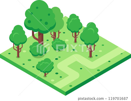Isometric parkland featuring a winding path, trees, and bushes, creating a tranquil and inviting green space 119701687