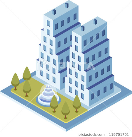 Isometric view of modern skyscrapers towering over a serene green area with a fountain, creating a harmonious urban landscape 119701701