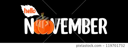 Hello November text with pumpkin isolated on black background. Hello November sticker, label png, banner, poster design template 119701732