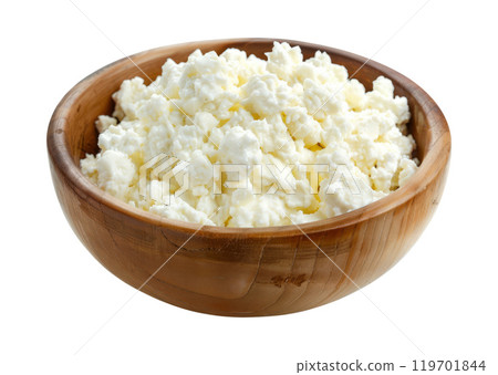 Cottage Cheese, Curd in wooden bowl, on white background. 119701844