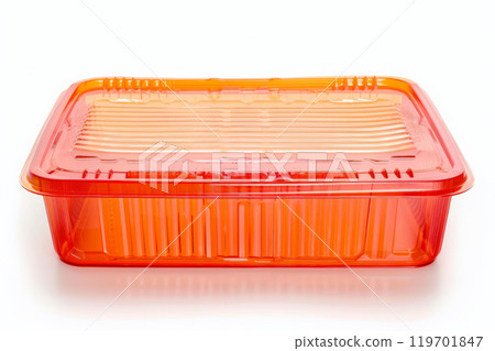 Empty plastic food box isolated on white background. Transparent plastic box. 119701847