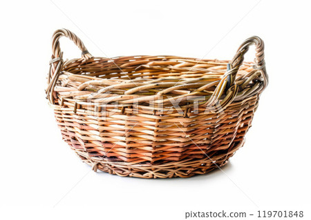 Empty wicker basket, isolated on white background. Picnic Basket Empty wicker basket, isolated on white background. Picnic Basket 119701848
