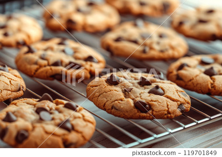 Freshly baked chocolate chip cookies on wire cooling rack Freshly baked chocolate chip cookies on wire cooling rack 119701849