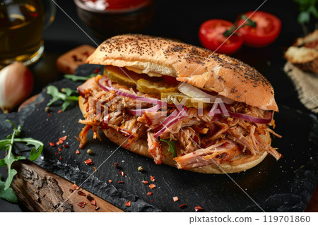 Pulled pork sandwich. Beef hot dog. 119701860