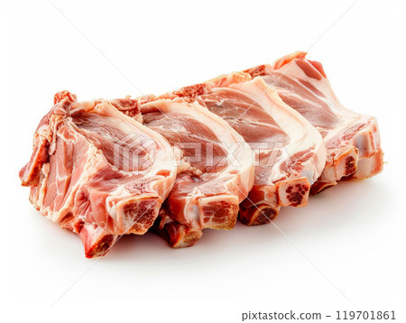 Pieces of raw roast beef meat isolated on a white background 119701861