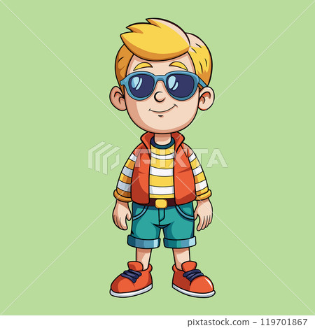 Blonde teenager in sunglasses. Denim shorts, striped sweatshirt and vest. Cheerful bright image. Vector illustration 119701867