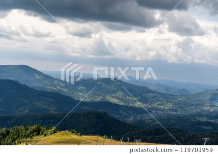 Mountains ranges in the Carpathians. Hills, forest and meadows 119701959