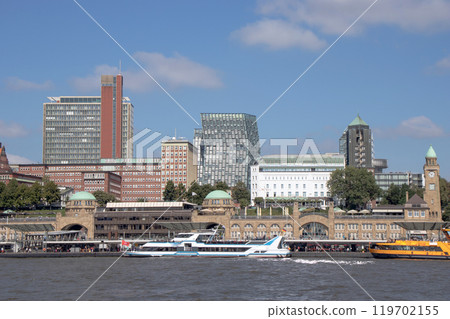 Panoramic view of Hamburg city with the Elbe river, Germany, Europe. 119702155