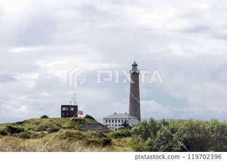 Natural landscape with lighthouse. Sand dunes covered with bushes and grass. 119702396