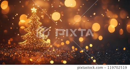 Golden Glitter Christmas Tree with Soft Bokeh for Holiday Banners and Backgrounds 119702519