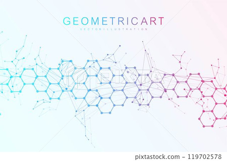 Modern scientific background with hexagons, lines and dots. Wave flow abstract background. Molecular structure for medical, technology, chemistry, science. Vector illustration 119702578