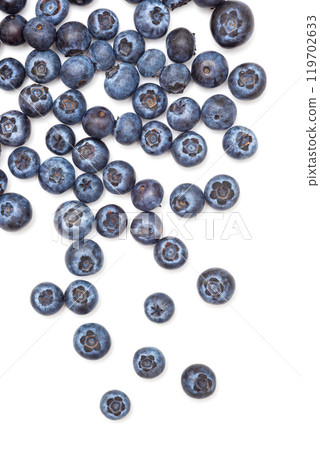 Fresh blueberries on a white background, top view. Wild organic berries, Healthy eating 119702633