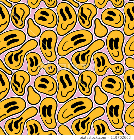 Various melting smileys. Lava lamp, water drops, drug trip style. Hand drawn abstract seamless pattern. 119702663