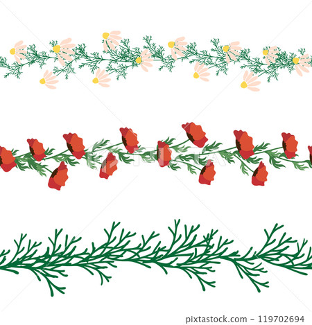 Chamomile horizontal border seamless pattern. Floral seamless border Chamomile horizontal border seamless pattern. Floral seamless border 119702694