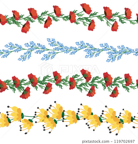 Chamomile horizontal border seamless pattern. Floral seamless border Chamomile horizontal border seamless pattern. Floral seamless border 119702697