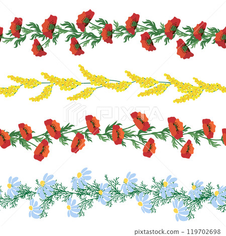 Chamomile horizontal border seamless pattern. Floral seamless border Chamomile horizontal border seamless pattern. Floral seamless border 119702698