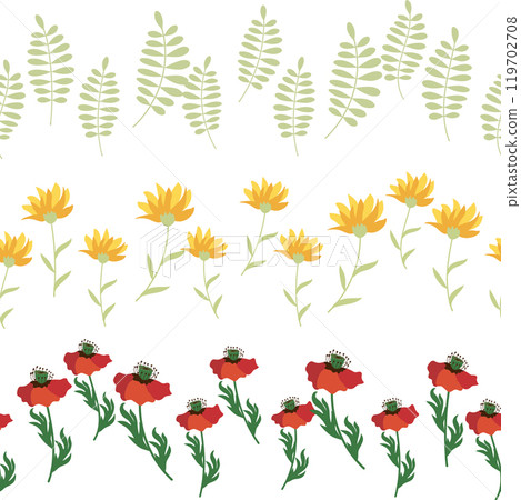 Chamomile horizontal border seamless pattern. Floral seamless border Chamomile horizontal border seamless pattern. Floral seamless border 119702708