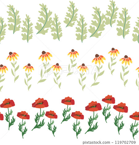 Chamomile horizontal border seamless pattern. Floral seamless border Chamomile horizontal border seamless pattern. Floral seamless border 119702709