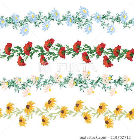 Chamomile horizontal border seamless pattern. Floral seamless border Chamomile horizontal border seamless pattern. Floral seamless border 119702712