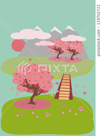 Mountain spring landscape blooming sakura over two banks - vertical Mountain spring landscape blooming sakura over two banks - vertical 119702721
