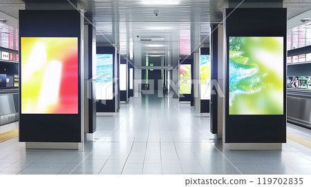 Digital signage and advertising billboards found in station passageways, shopping centers, and underground passages 119702835