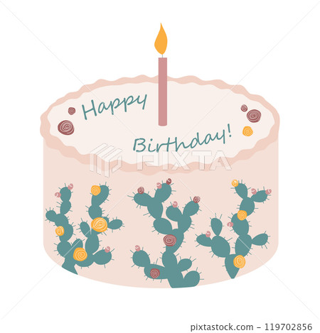 Cute bento cake with prickly pear cactus and one lighting candle. Happy Birthday design element, neutral palette for kids and adults 119702856