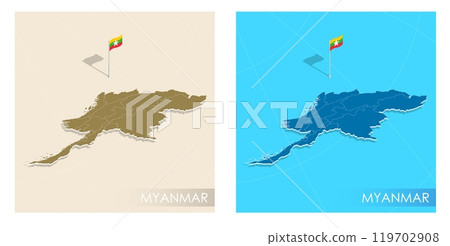 Myanmar country flag installed on geographic positioning map point of country territory. Myanmar commonwealth banner on land and sea. Festive patriotic HD format template for independence day 119702908