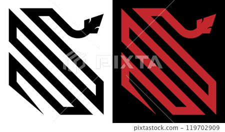 Emblem silhouette of writhing poisonous snake. Swift viper ready to pounce. Simple minimalistic Vector isolated on white and black background 119702909
