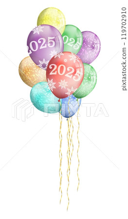 Garland of realistic Inflatable new year balls with inscription 2025. Holiday greeting card decorative element. Realistic color vector Garland of realistic Inflatable new year balls with inscription 2025. Holiday greeting card decorative element. Realistic color vector 119702910