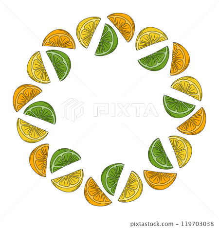 Lime, lemon and orange slices Round Frame border in trendy minimalist Pop Art Decorative Template Lime, lemon and orange slices Round Frame border in trendy minimalist Pop Art Decorative Template 119703038