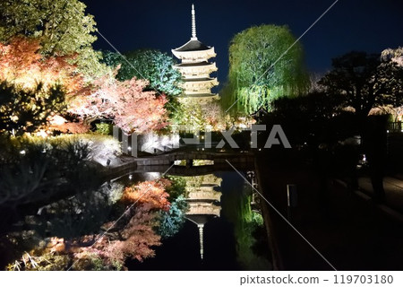 京都:秋葉中的東寺,五層寶塔燈火通明 京都:秋葉中的東寺,五層寶塔燈火通明 119703180