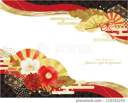 華麗的新年賀卡設計，山茶花和金色 119703243