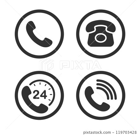 Phone contact connection icon symbol set. Old phone logo sign shape collection. 24 7 hour service. Vector illustration image. Isolated on white background. Phone contact connection icon symbol set. Old phone logo sign shape collection. 24 7 hour service. Vector illustration image. Isolated on white background. 119703428