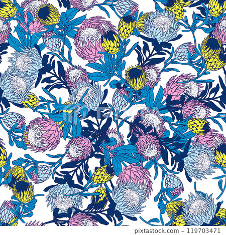 Seamless pattern with protea flowers on white background Seamless pattern with protea flowers on white background 119703471