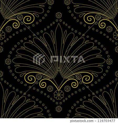 Seamless pattern with golden anthemion floral motifs on a black background Seamless pattern with golden anthemion floral motifs on a black background 119703477