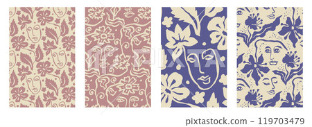 Vertical posters or cards set with ink wash drawings of abstract female face and flowers silhouettes Vertical posters or cards set with ink wash drawings of abstract female face and flowers silhouettes 119703479