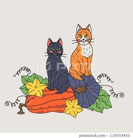 Thanksgiving greeting card with cute cat and pumpkin Thanksgiving greeting card with cute cat and pumpkin 119703483