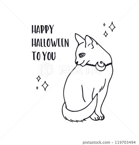 Card or poster with cute black and white Halloween witchy black cat 119703494