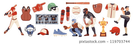 Cartoon baseball game elements. Sports accessories, batting the ball, man in uniform, protection, award cup, professional athletes, score boards, competition prize, tidy vector isolated set 119703744