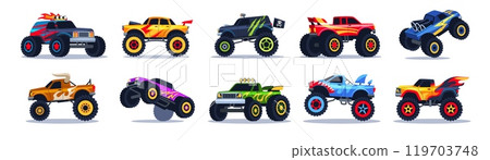 Cartoon monster cars. Heavy trucks with angry patterns and aggressive design, america entertainment show, large wheels, extreme rally sport competition, tidy vector isolated set 119703748