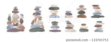 Pyramids made of pebbles. Balanced structures made up of smooth zen stones, rounded shapes, different textures and sizes. Smooth stony surface. Harmony and calm. Cartoon flat tidy vector set Pyramids made of pebbles. Balanced structures made up of smooth zen stones, rounded shapes, different textures and sizes. Smooth stony surface. Harmony and calm. Cartoon flat tidy vector set 119703753