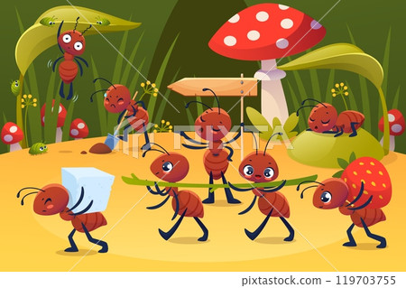 Small insects life. Cute ants working and resting, carry food and grass blades to anthill, funny kids characters, childish beetle mascots, cartoon flat style isolated vector concept Small insects life. Cute ants working and resting, carry food and grass blades to anthill, funny kids characters, childish beetle mascots, cartoon flat style isolated vector concept 119703755