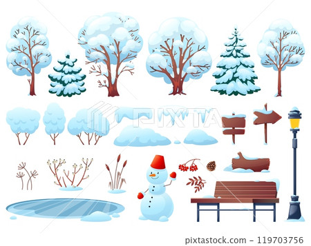 Winter nature and city park elements. Snowy trees and urban objects, snowman, frozen lake, wooden benches, signs with snowdrifts, landscape kit, vector cartoon flat isolated illustration set 119703756