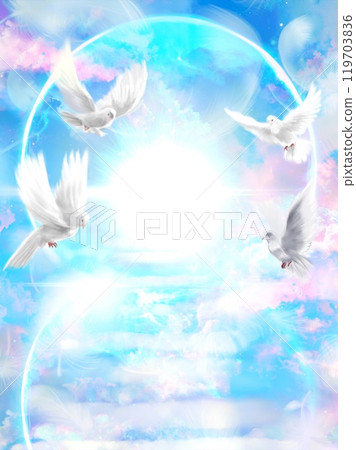 A color background illustration of a cloud staircase leading to heaven, blue sky and sunlight pouring down on it, and white doves flying around it A color background illustration of a cloud staircase leading to heaven, blue sky and sunlight pouring down on it, and white doves flying around it 119703836