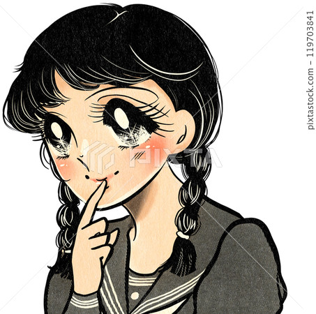 一個可愛的昭和漫畫風格的高中女孩的肖像插圖，辮子抬頭。 119703841
