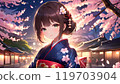 Cherry blossoms at night and a fragile girl 119703904