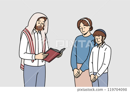 Religious jewish man reads torah to wife and son on eve of hanukkah or passover. Religious jewish man reads torah to wife and son on eve of hanukkah or passover. 119704098