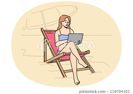 Woman freelancer working on beach, sitting in sun lounger with laptop on lap and enjoying comfort Woman freelancer working on beach, sitting in sun lounger with laptop on lap and enjoying comfort 119704101