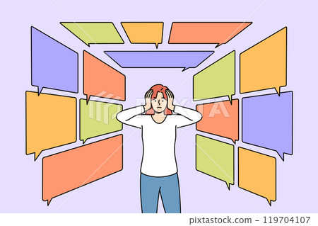 Information overload causes discomfort for woman standing among dialogue bubbles 119704107